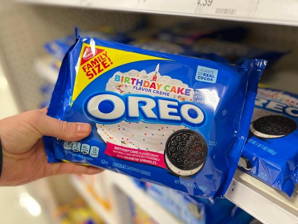 package of oreo birthday cake flavored cookies in store