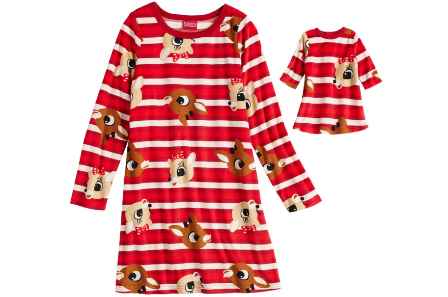 striped Rudolph print matching girl and doll nightgowns