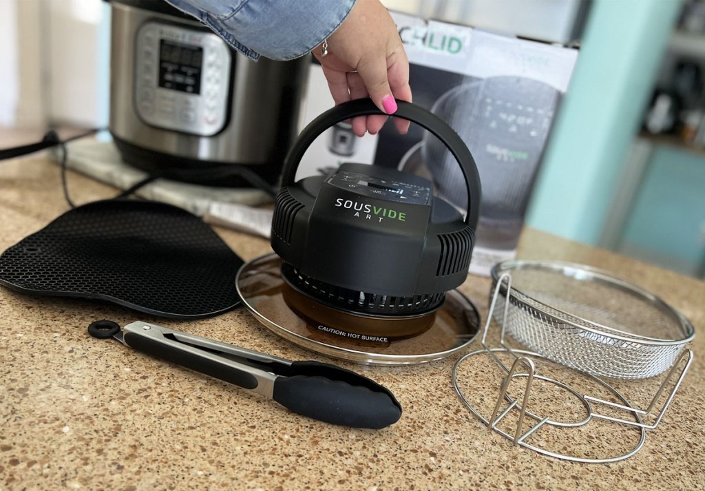 accessories to pressure cooker air fry lid on kitchen counter