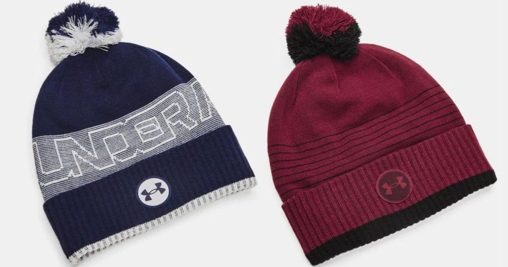 blue and gray under armour beanie and burgundy and black under armour beanie