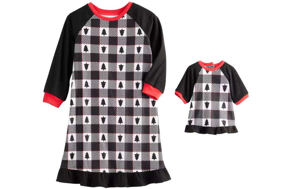 black and white plaid print matching girl and doll nightgowns