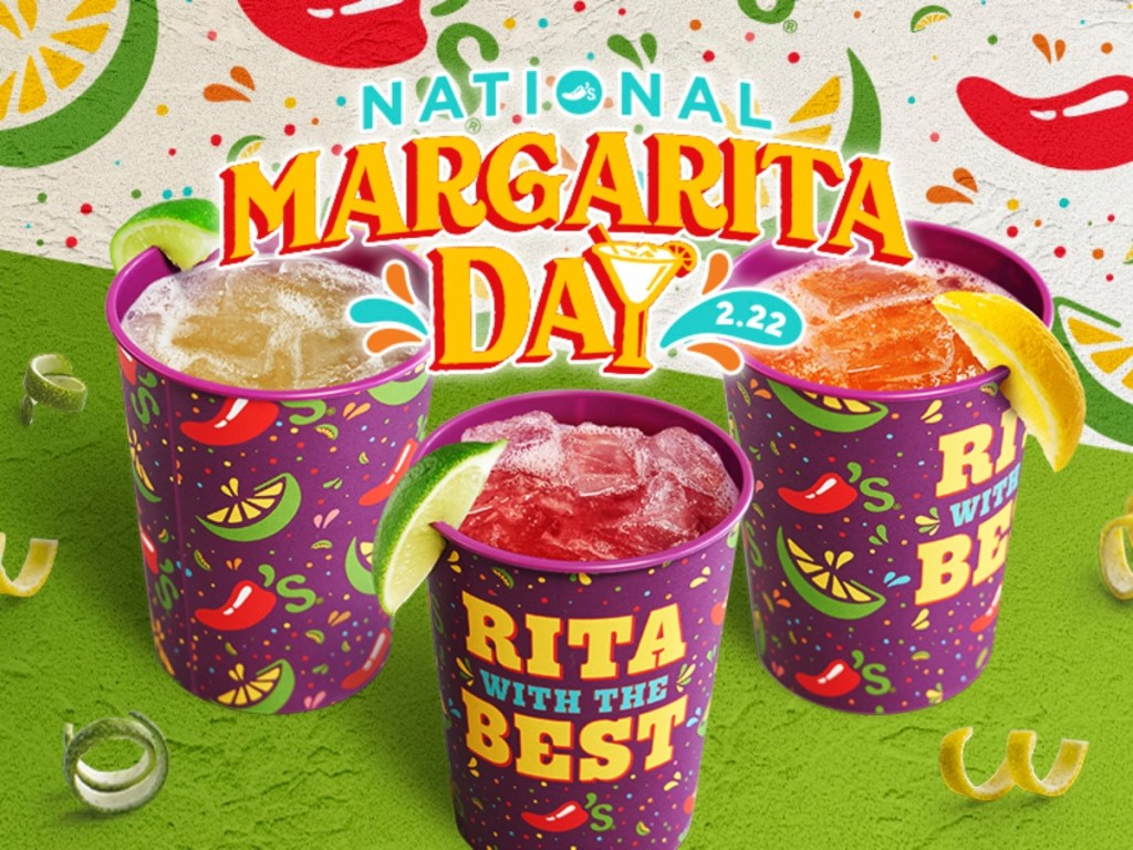 three margaritas in souvenier cups