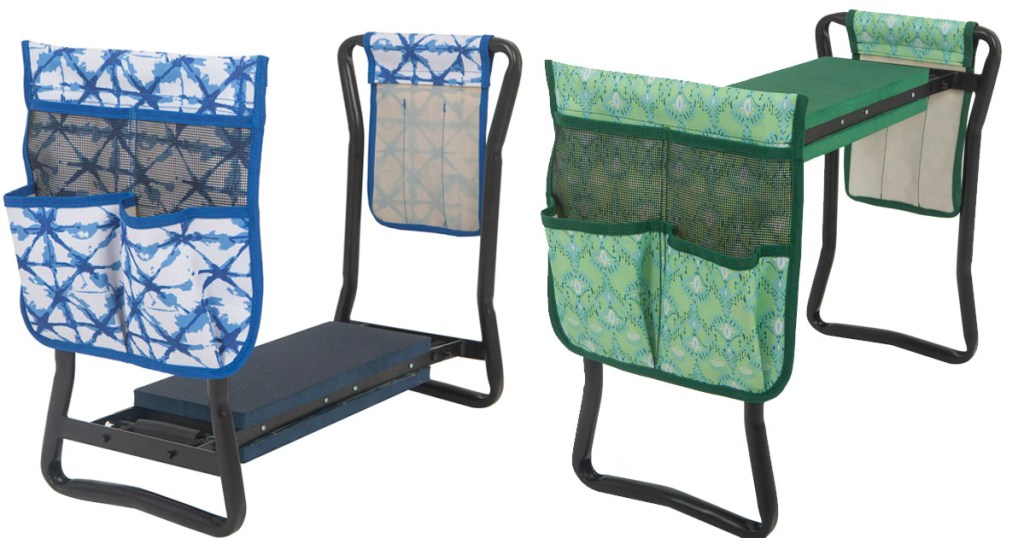 blue and green folding gardening kneeler stock images