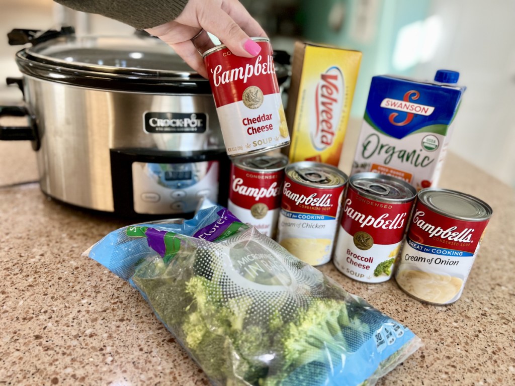 ingredients on the counter for broccoli cheddar soup