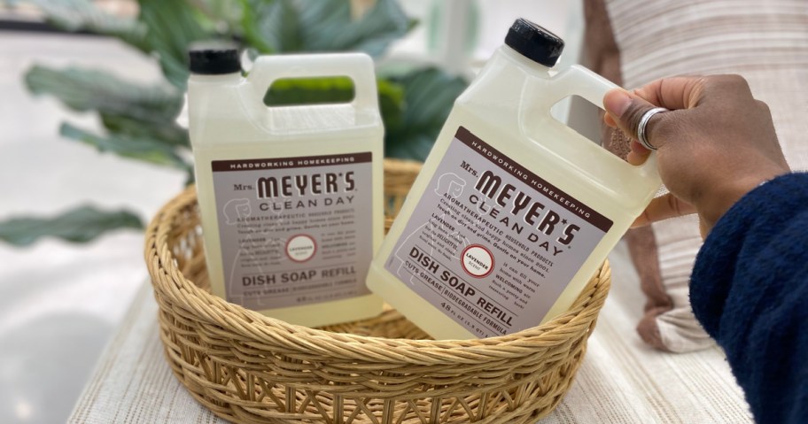 two bottles of mrs meyers soap refills