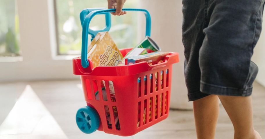 a kid carrying a toy grocery basket