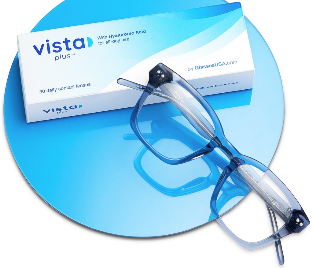 Vista Plus Contact Lenses box and pair of blue glasses