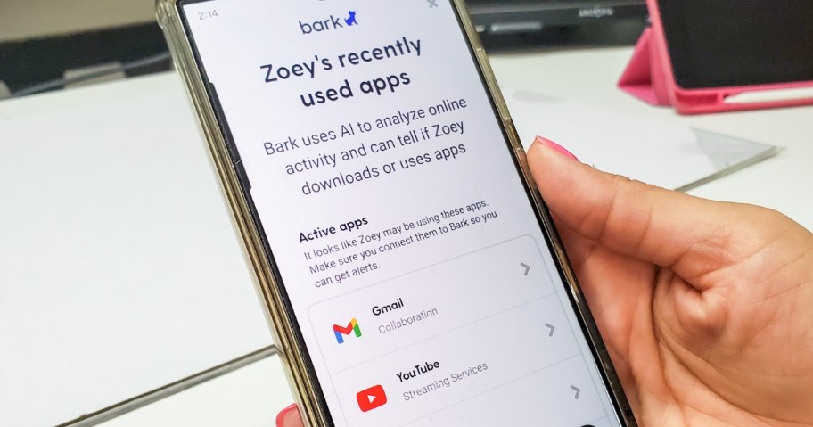 person's hand holding a smart phone with the Bark app open showing their child's app usage