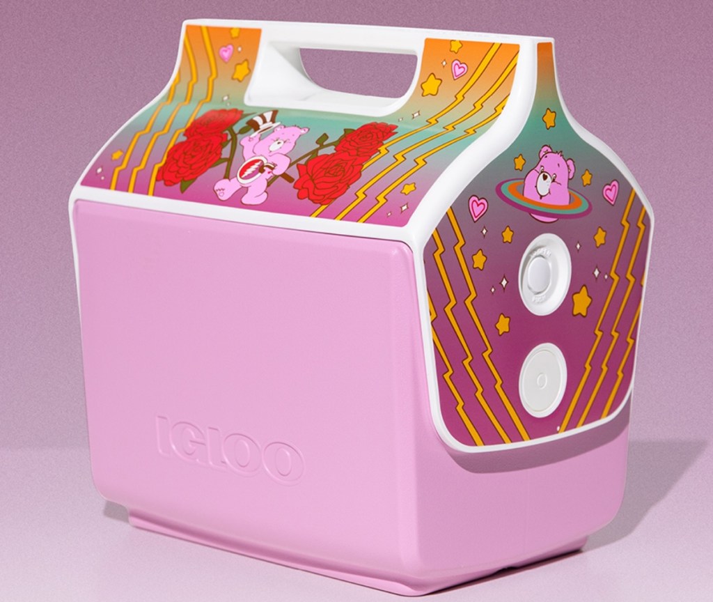 pink cooler with Care Bares on it and Grateful Dead imagery