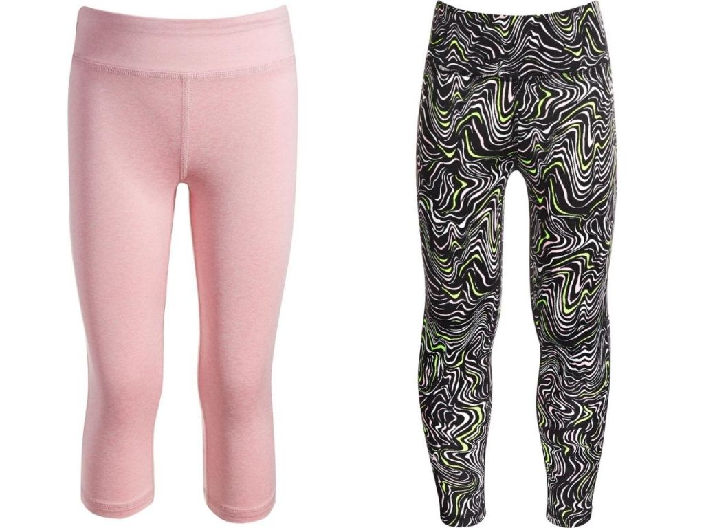 girls pink leggings and white black and neon green leggings