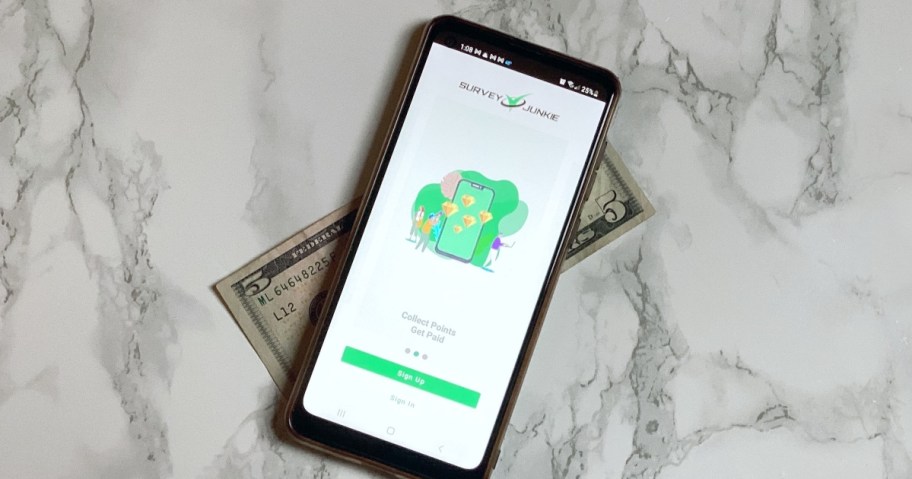 Survey Junkie app with a $5 bill ways to make extra money