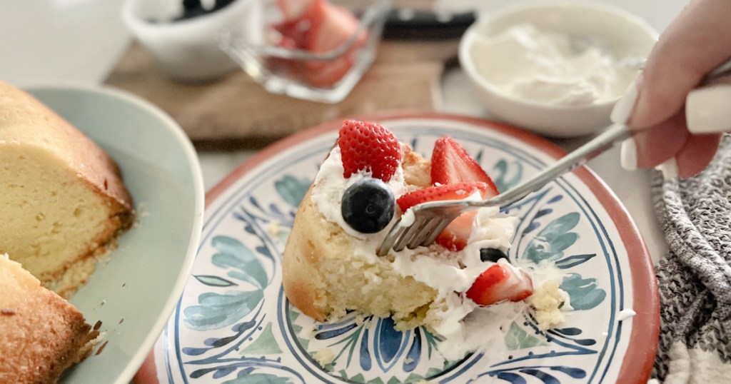 taking a bite of pound cake