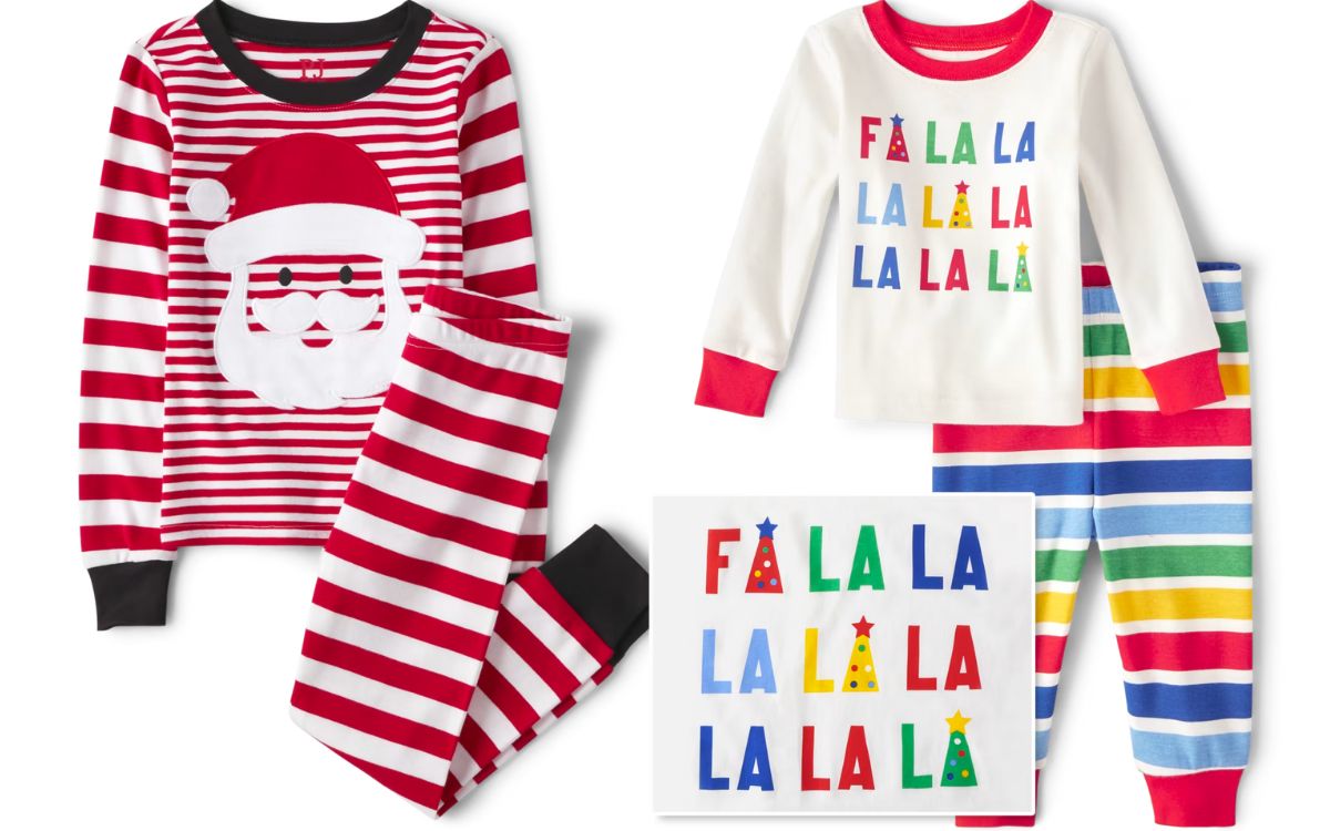 the childrens place unisex pjs in santa stripe and FA LA LA LA