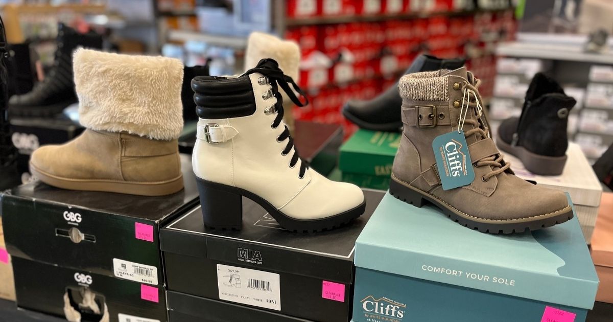 various women's boots on display at Shoe Carnival