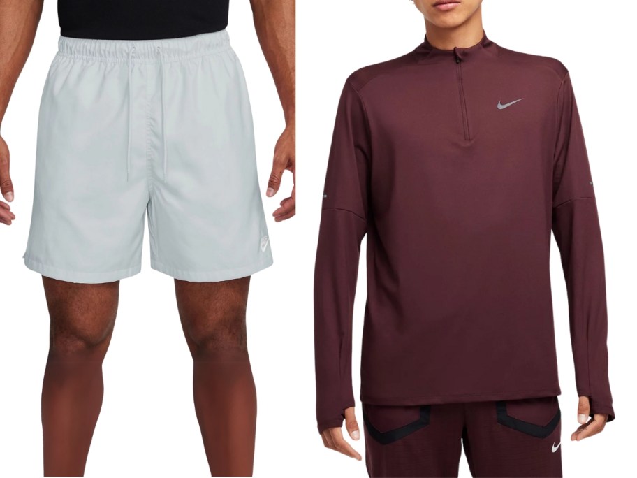 man wearing whit Nike shorts and man wearing a purple Nike quarter zip top