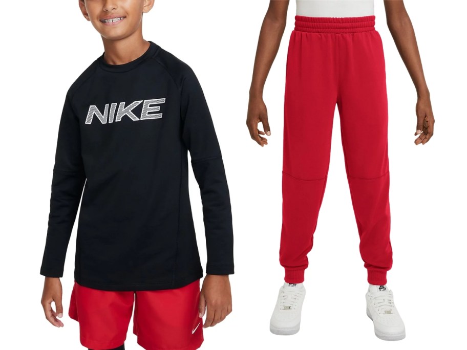 boy wearing a Nike long sleeve tee and boy wearing Nike joggers