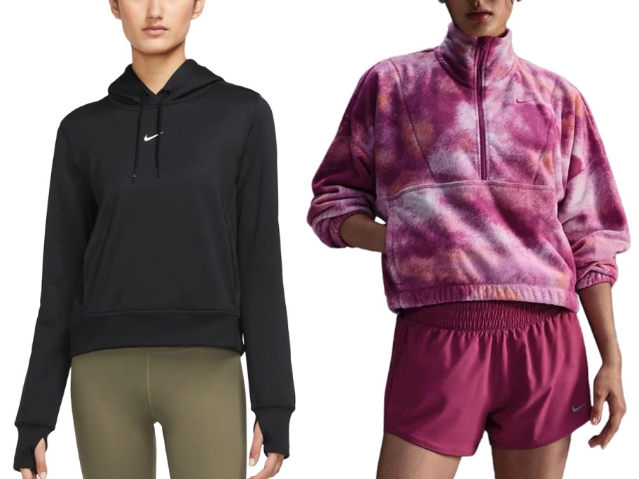 woman wearing a black Nike hoodie and woman wearing a pink Nike quarter zip fleece