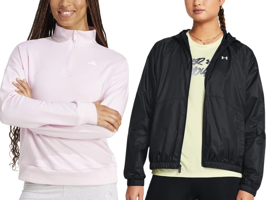 woman wearing a light pink adidas quarter zip jacket and woman wearing a black zip up Under Armour jacket