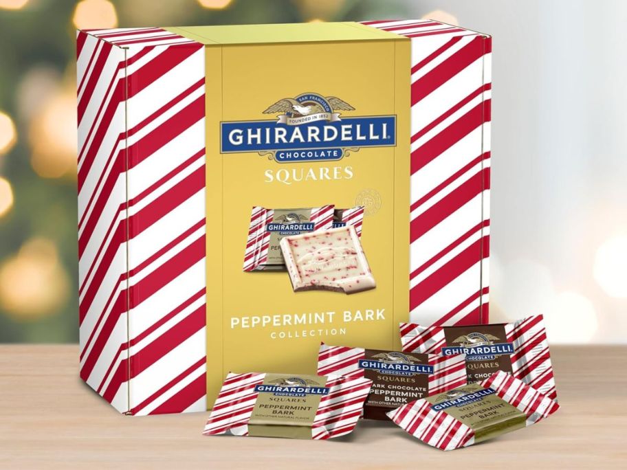 A Ghirardelli Peppermint Bark Squares Gift Box