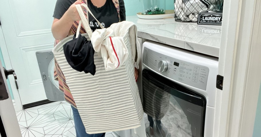 gray and white striped Laundry Hamper