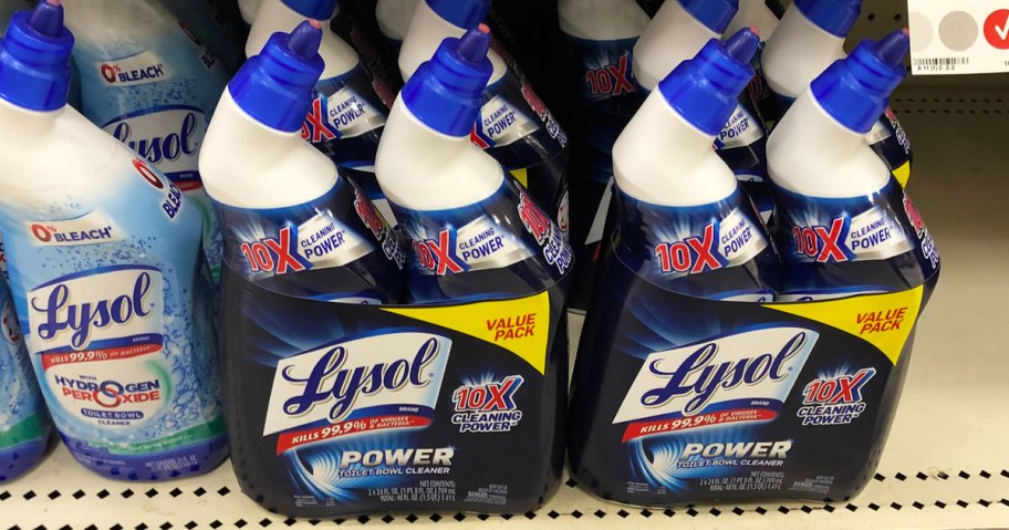 lysol toilet bowl cleaner 2-packs on shelf in store