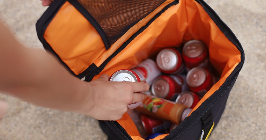 hand grabbing can out of cooler backpack