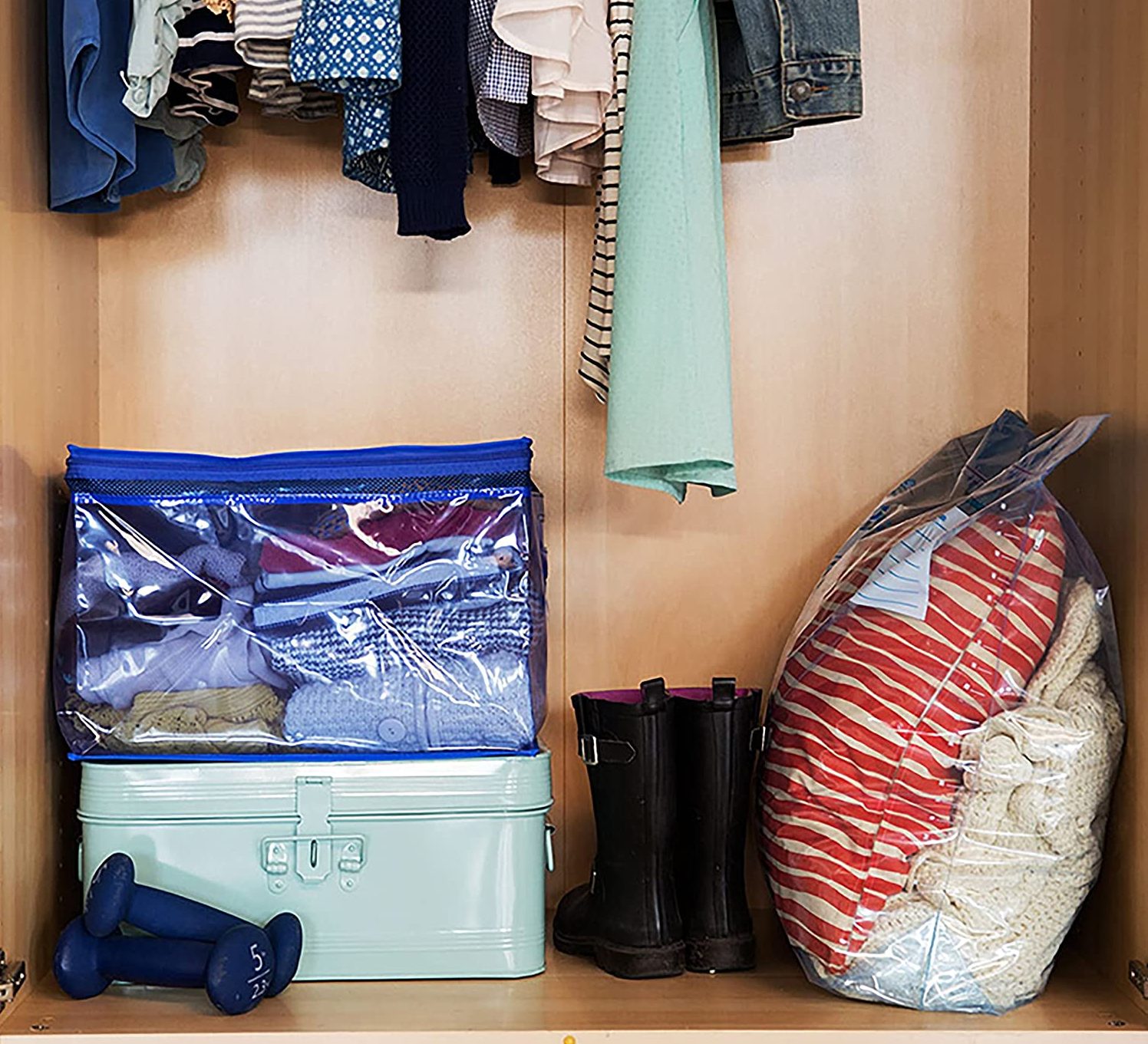 Ziploc Flexible Tote stacked in closet