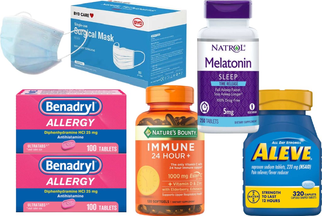 byd masks, natrol melatonin, benadryl, nature's bounty immune 24 hour+ and aleve