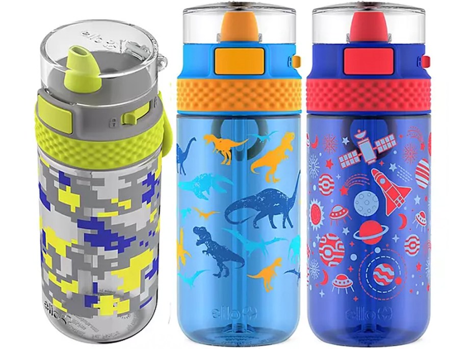 three kids water bottles in camo, dinosaur and space prints 