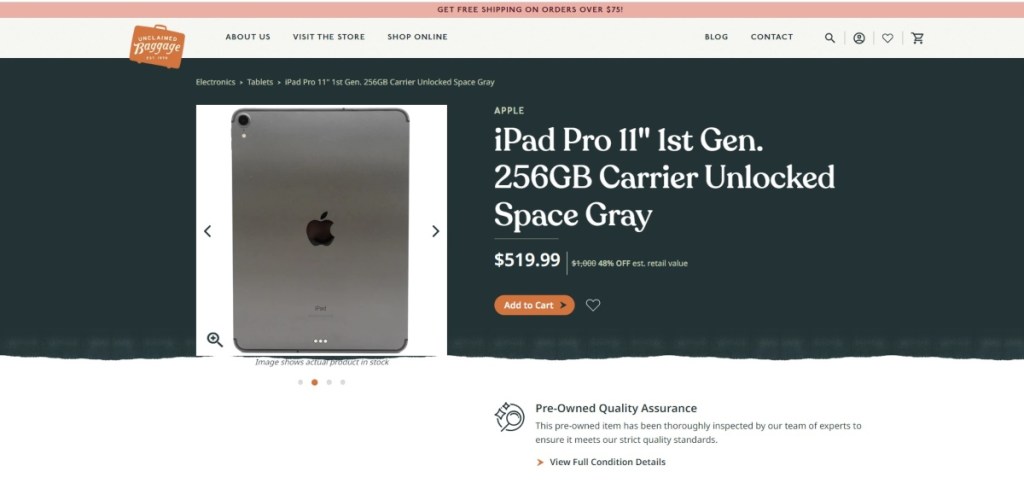 screenshot of iPad Pro on UnclaimedBaggage.online