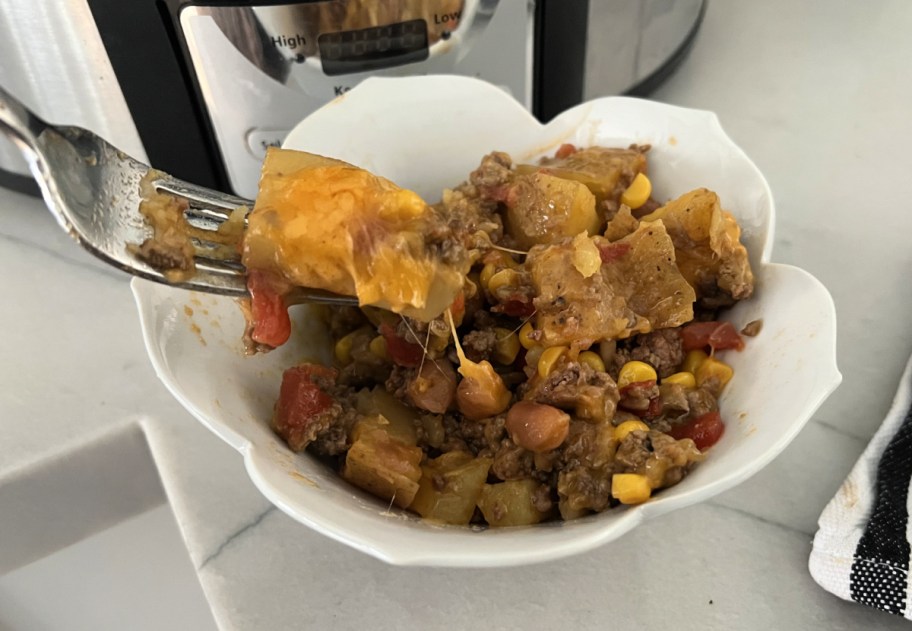 a bowl of slow cooker cowboy casserole Crock Pot supper