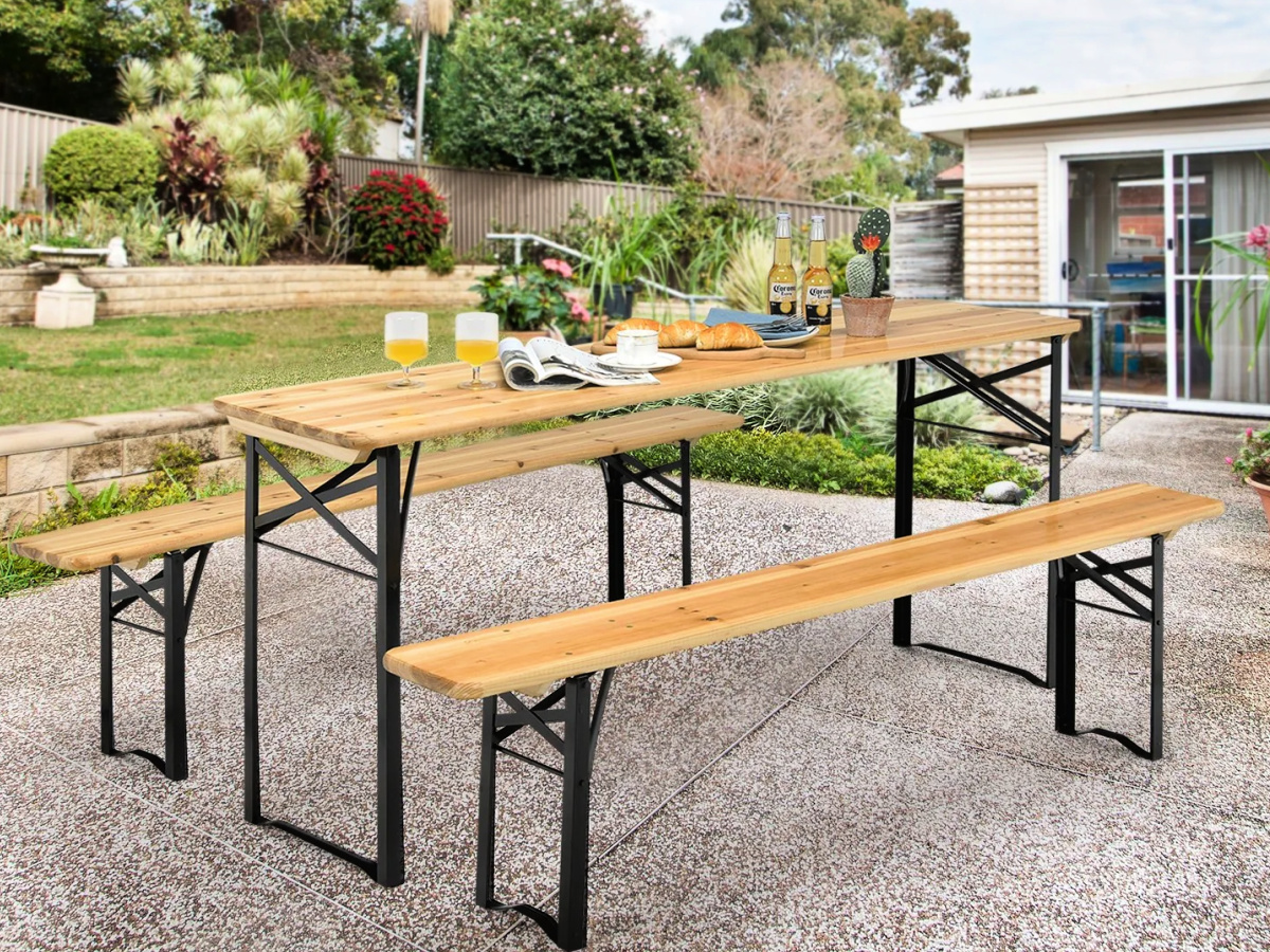 Costway 3-Piece Folding Wooden Picnic Table Set sitting outside