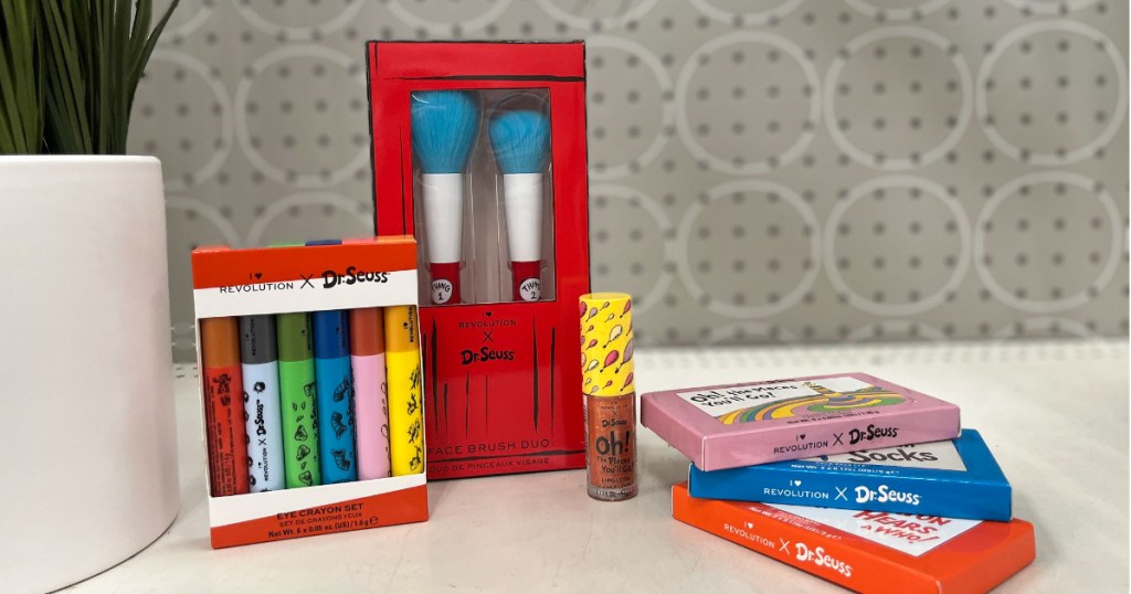 Dr. Seuss Makeup on display at shelf next to plant