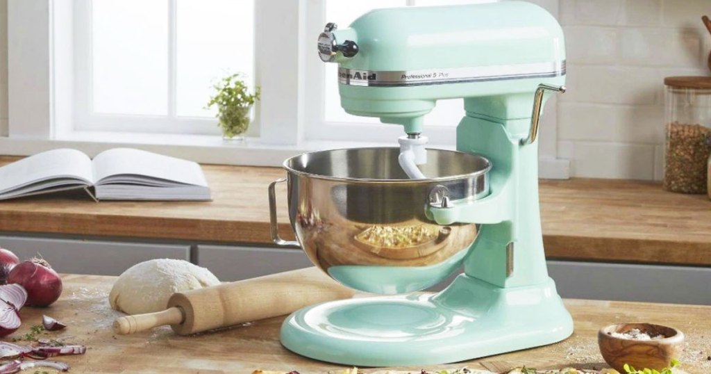 blue kitchenaid mixer on counter