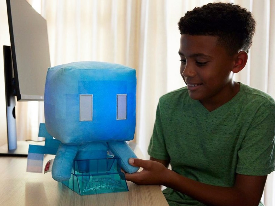 boy with a blue Minecraft Plush Allay