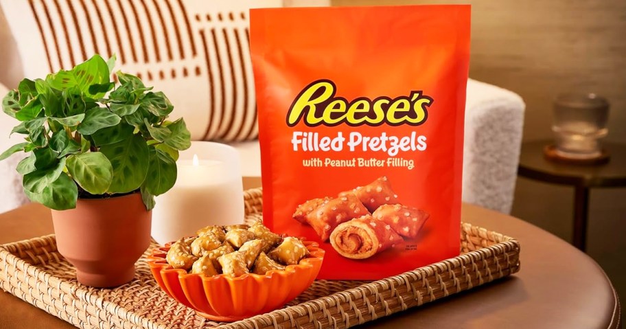 orange bag of Reese's Filled Pretzels on tray near bowl of pretzels and potted plant