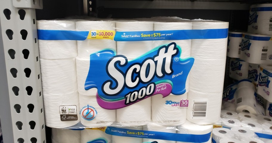 pack of toilet paper on shelf