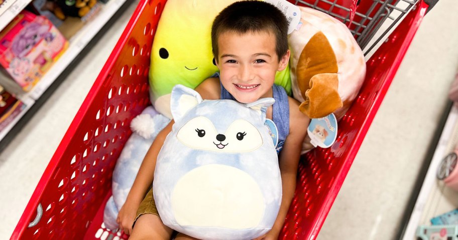 boy in red shopping cart with squishmallows