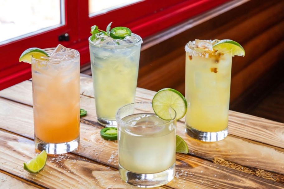 tequilia drinks on wooden picnic table