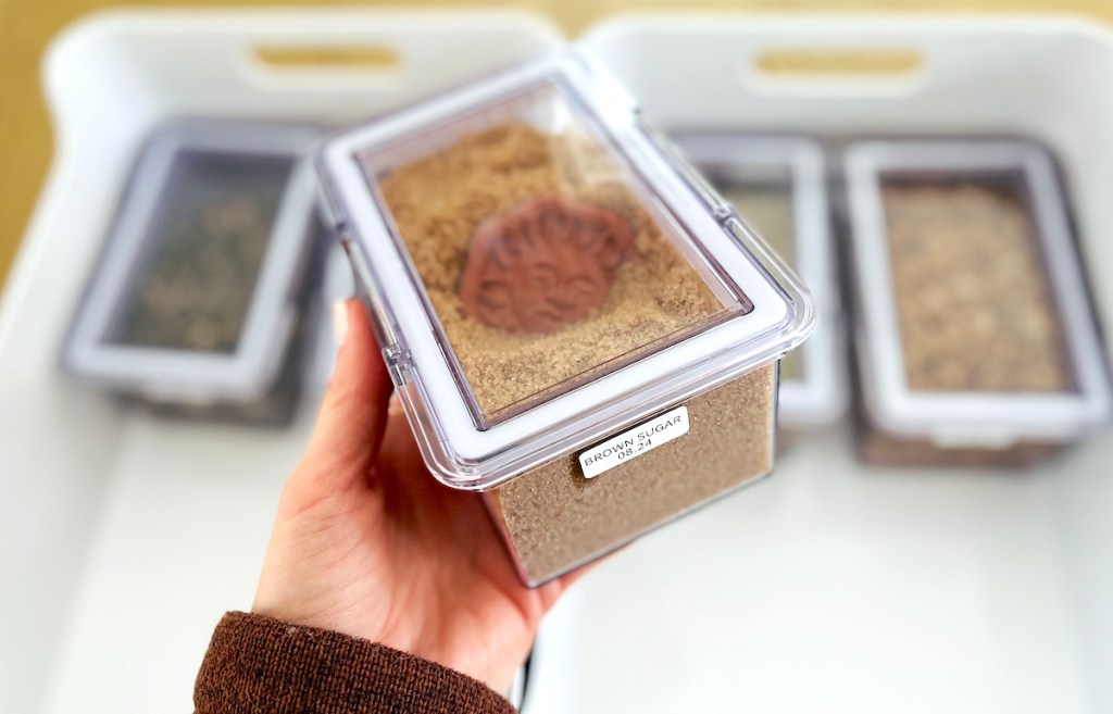 hand holding clear container of brown sugar