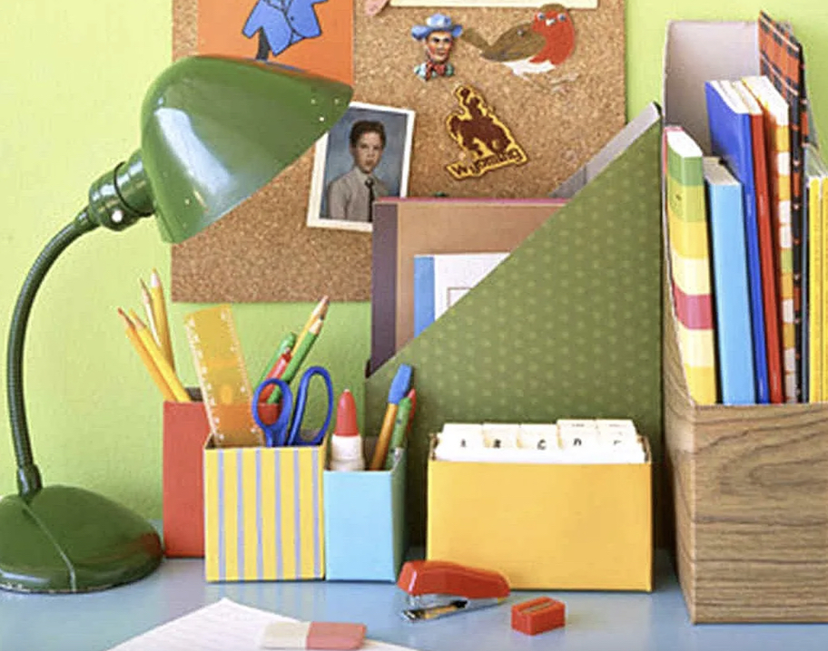 desk with upcycled cereal boxes