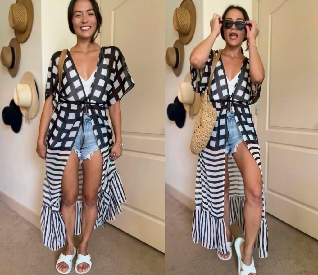 woman posing in outfit with black and white flowy outfit