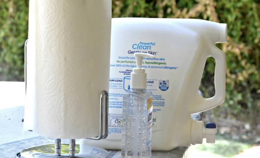 diy hand washing station on table outside