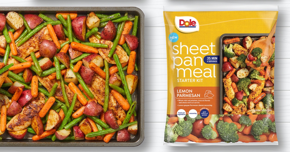 sheet pan meal next to Dole Starter kit