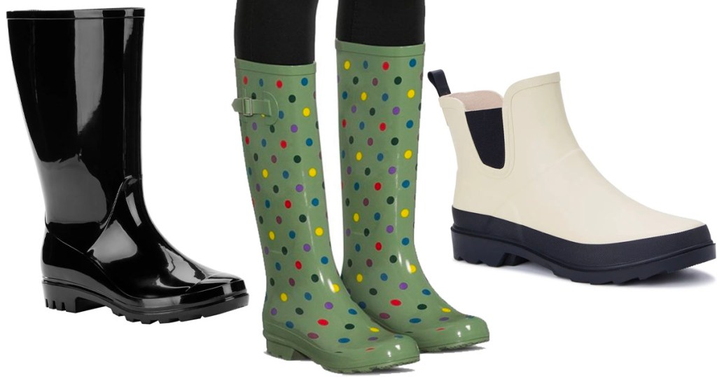 womens tall black rain boots, tall green polka dot boots and cream short boots