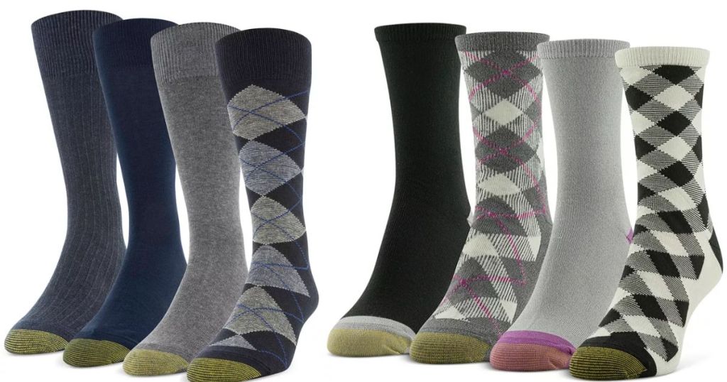 Gold Toe Men's 4-Pack Casual Argyle Crew Socks and Gold Toe Women's 4-Pk. Checkmate Midi Socks 