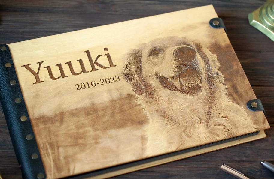 custom wooden photo album with yuuki dog memorial on front