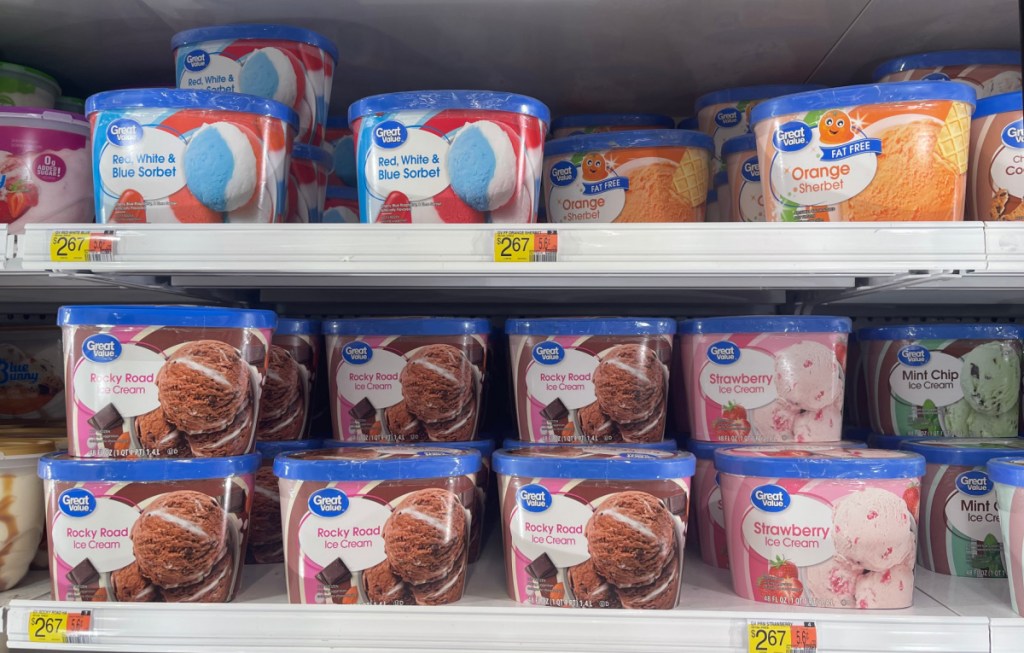 A store freezer stocked with popular Great Value ice cream flavors