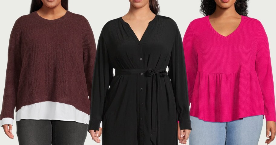 plus sized women wearing cute clothing - dark purple sweater, black midi dress and bright pink top