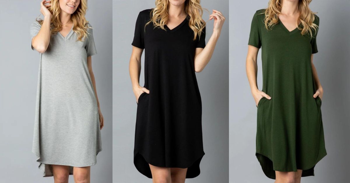 woman wearing gray short sleeve pocket dress and woman wearing black and green short sleeve pocket dress